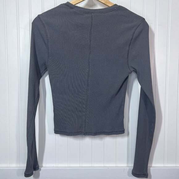 H&M Divided Ribbed Long Sleeve Crop Top Grey Charcoal Crew Neck Fitted Stretchy - Picture 3 of 8
